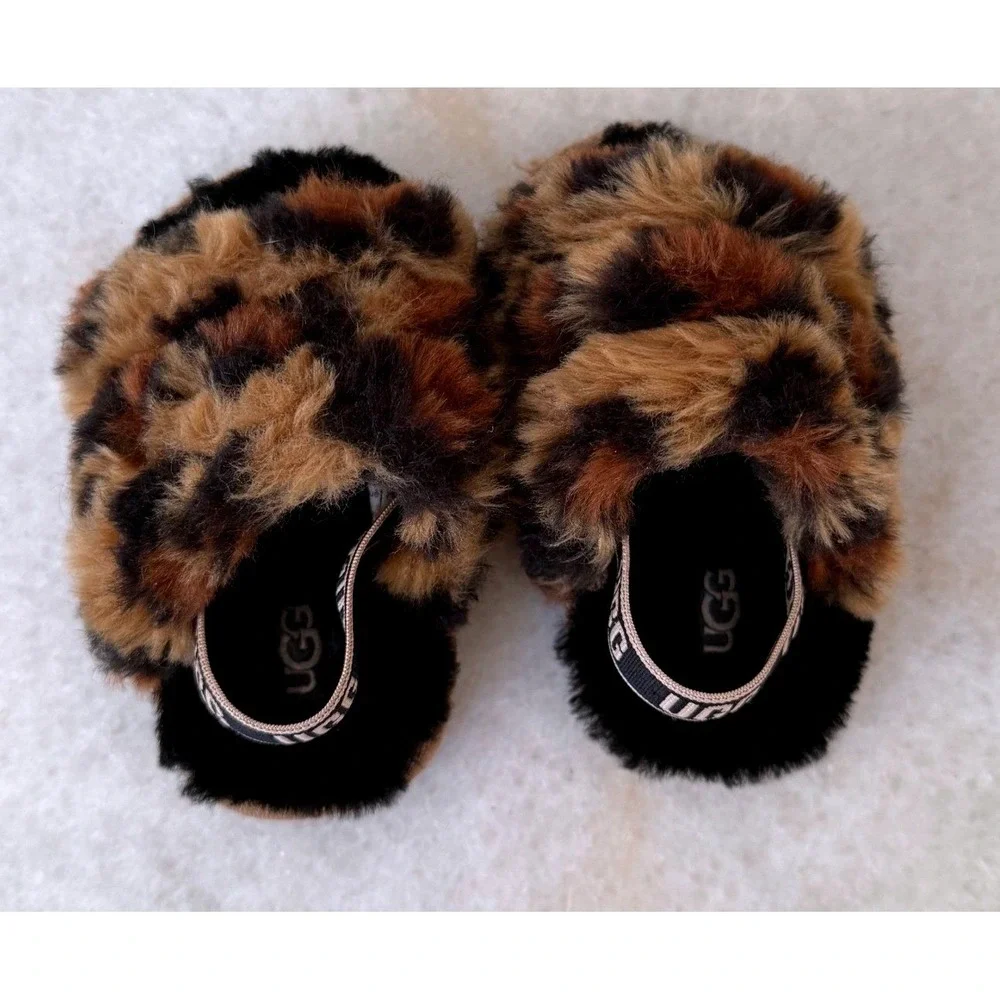 UGG Infant Fluff Yeah Leopard Print Faux Fur Slingback Slides Sandals Size 4/5